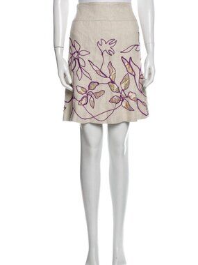 Etro Milano Linen Skirt Beige Purple Embroidered Paisley Floral 100% Linen IT 40